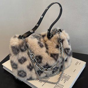 Plush Furry Print Chain Messenger Bag Purse